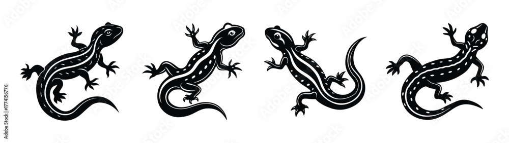 Fototapeta premium Four black and white lizard vector illustration reptile gecko salamander animal design graphic art tattoo style drawing