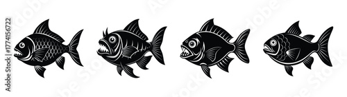 Black and white piranha fish illustration vector art design graphic drawing aquatic animal set of four