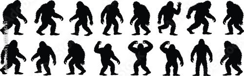 Bigfoot silhouette icon set, Sasquatch walking poses, cryptid character design, black and white grid, mysterious creature movement, folklore visual, cryptozoology