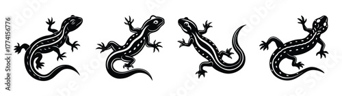 Four black and white lizard vector illustration reptile gecko salamander animal design graphic art tattoo style drawing