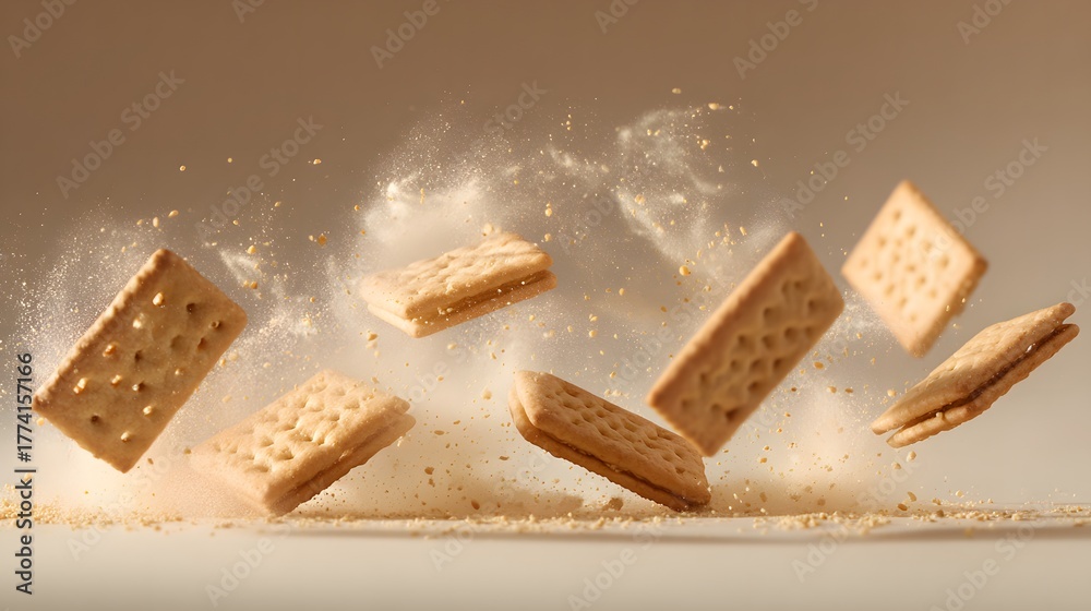 Fototapeta premium Multiple rectangular cream-filled biscuits explode midair showering fine crumbs