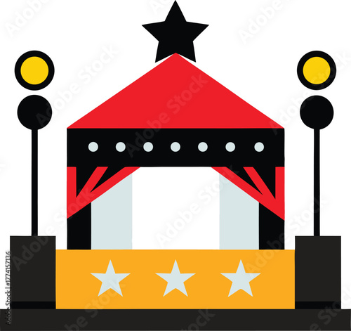 Concert stage with spotlights and musical notes icon