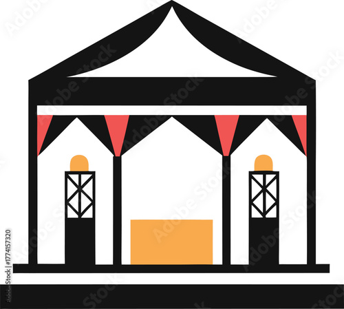 Outdoor concert stage with spotlights and musical notes icon