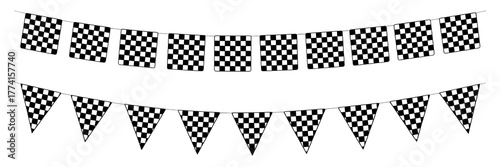 Two Rows of Black and White Checkered Bunting Flags on Black Background racing motorsport