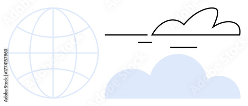 Globe with grid lines and stylized clouds symbolize global reach, data exchange, and modern cloud technology. Ideal for technology, communication, globalization, networking, cloud computing