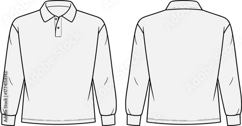 Long sleeve polo shirt front and back view, ribbed cuffs and collar sketch, fashion flat drawing, clothing vector outline, cad drawing flat vector illustration