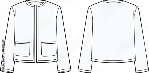 Long-sleeve jacket design illustration, front and back views, round neckline, patch pockets, zipper closure, garment mockup, cad drawing flat vector illustration