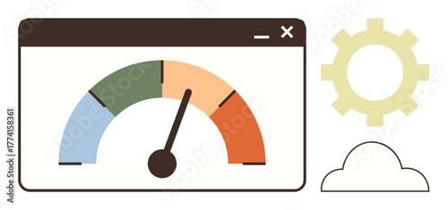Dashboard interface featuring a speedometer gauge, vibrant color segments, a gear symbol, and a cloud icon. Ideal for performance monitoring, optimization, technology, productivity, progress data