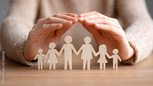 Protective hands hover over wooden figures representing a connected family unit on a tabletop