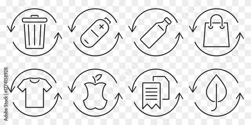 eco waste recycling line icon set