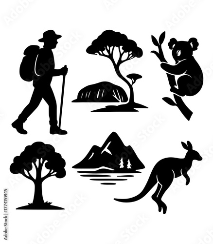 Illustrate a figure trekking through the Australian wilderness