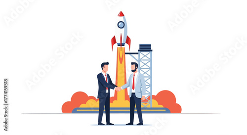 Flat 2D illustration of startup funding process, investors shaking hands near a rocket launch, symbolizing partnership and growth