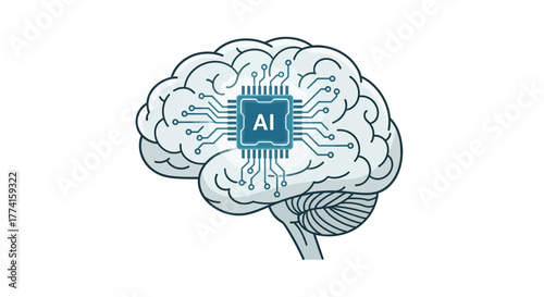Clean modern flat vector of AI chip integrated into human brain design