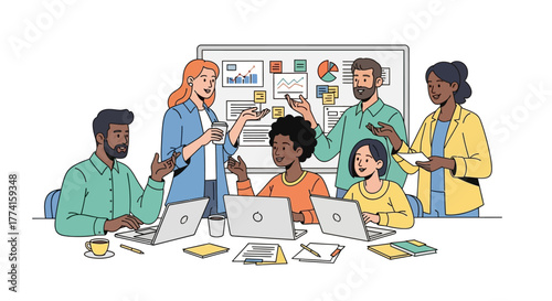 Flat 2D vector illustration of diverse entrepreneurs brainstorming in a creative workspace, surrounded by charts, sticky notes, and laptops, modern startup office