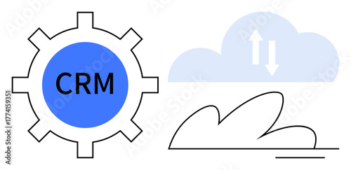 Blue gear labeled CRM beside a cloud with data sync arrows and line art. Ideal for business, technology, customer management, data transfer, teamwork, process automation, simple flat metaphor