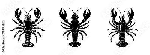 Three black crawfish vector illustration, seafood, crawdads, crayfish, freshwater lobster art design