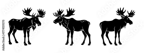 Three moose silhouette vector art illustration for wildlife animal nature design projects and crafts