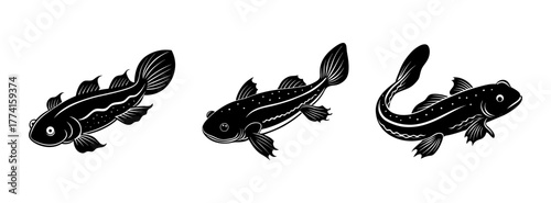 Illustration of black fish swimming in a group, aquatic animals, sea life, ocean creatures, art