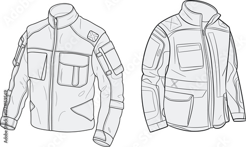 Jacket design comparison, technical outerwear sketches, high collar styles, pocket variations, garment construction mockup, fashion template, cad drawing flat vector illustration