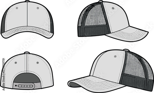 Trucker cap design illustration, mesh back panel, structured front view, adjustable strap detail, headwear mockup template, cad drawing flat vector illustration