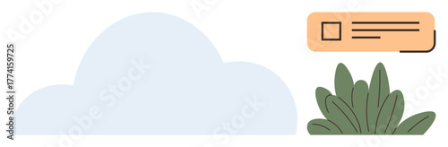 Large cloud with greenery below and a minimal notification badge floating in top right corner. Ideal for communication, nature, data, technology, simplicity, environment, clean flat metaphor