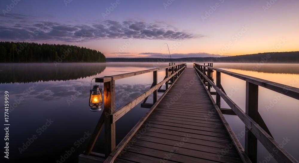Naklejka premium Serene Lake Pier at Dawn A Tranquil Escape with Soft Light and Still Water