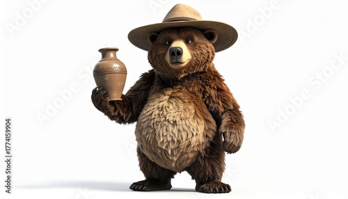 Cartoon Brown Bear Holding An Urn, Wearing A Hat, Standing In Front of A White Background