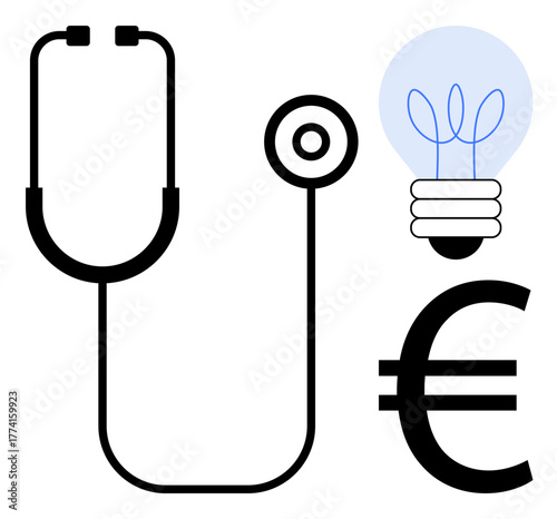 Stethoscope represents healthcare, light bulb symbolizes innovation, euro sign depicts finances. Ideal for healthcare funding, innovation, medical ideas, economics, problem-solving, creativity