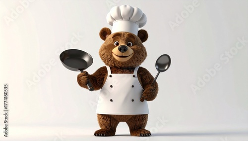 Bear Chef with Frying Pan and Spoon Cartoon Illustration for Cooking Concepts