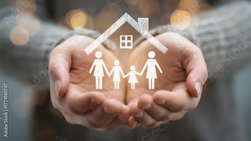 Cupped hands gently support a glowing outline of a family residing beneath a roof structure.