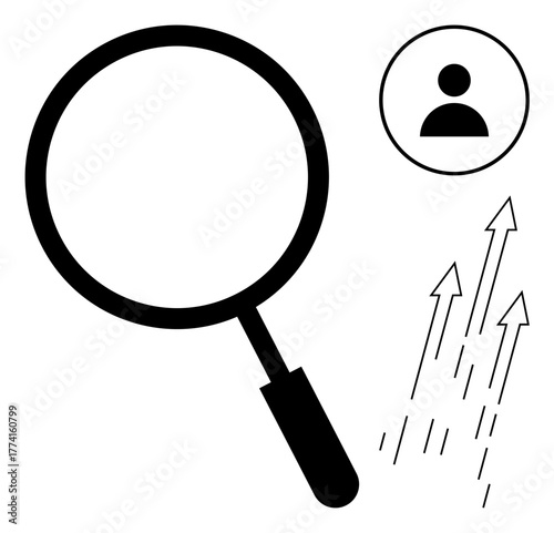 Magnifying glass examining growth and focus, user icon representing individual or audience, upward arrows symbolizing progress. Ideal for research, analytics, observation, growth, focus, success