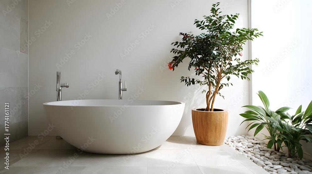 Fototapeta premium Modern freestanding bathtub setup incorporates natural elements for a spa like atmosphere