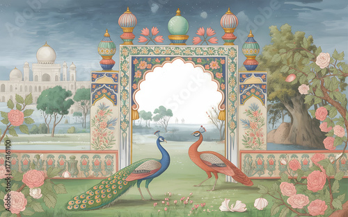 Beautiful peacocks in royal Mughal garden with ornate arch and Taj Mahal-inspired background illustration