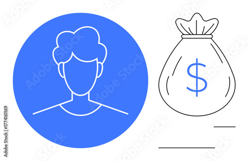 Human profile silhouette in blue circle beside minimalist dollar-marked money bag. Ideal for finance, savings, banking, wealth management, online transactions, identity, investment themes. Simple