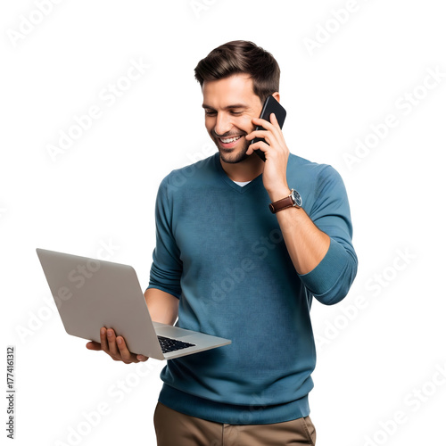 A man in a casual sweater smiles as he uses laptop while speaking on a phone. The man appears focused and engaged in a phone call, isolated on transparent background