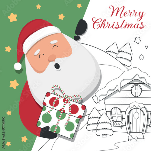 Merry Christmas Poster. Santa Claus peeking while holding a gift box