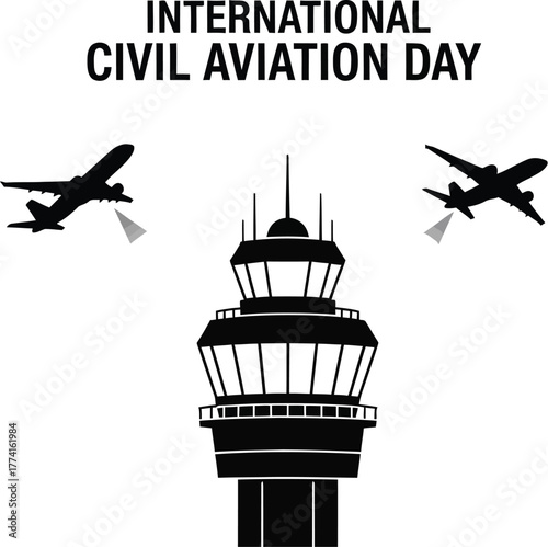 International civil aviation day with airplanes and control tower illustration