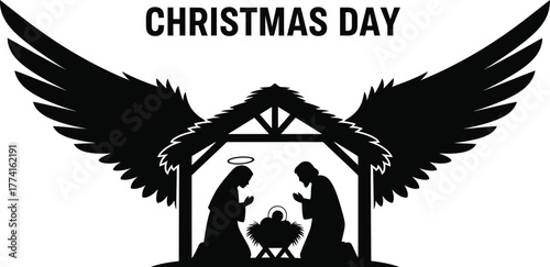 Black silhouette of nativity scene with angel wings for christmas day