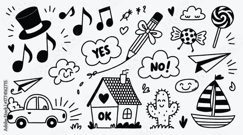 Black and white doodle set with various objects and elements