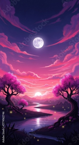 Pink hued sky illumination painting featuring nature trees water full moon ethereal glow soft