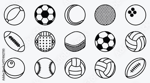 Collection of line art sports balls for various sporting activities