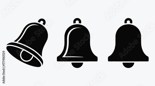 Notification bells icons set in black silhouette over white background