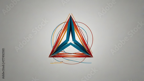 Modern geometric design of an intricate triangular emblem with circular elements, symbolizing futuristic concepts of connection and dynamic energy