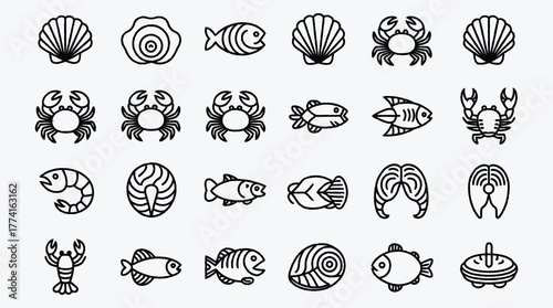Seafood Line Icons Set Various Sea Creatures Vector Illustration Graphic