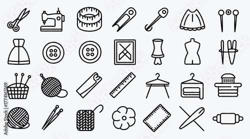 Sewing and tailoring supplies icons collection in minimalistic linear style