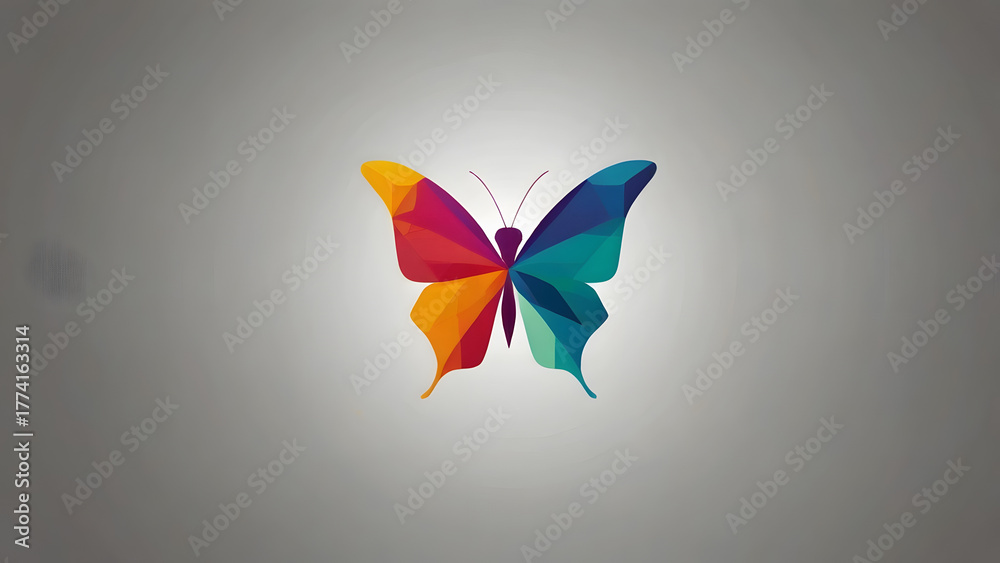 Naklejka premium Geometric butterfly with colorful wings on a gray background, symbolizing transformation and creativity
