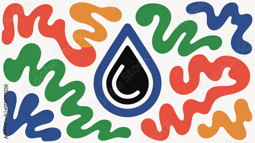 Abstract Black Droplet with Colorful Wavy Shapes blue