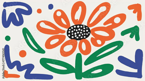 Abstract Flower with Orange Petals and Green Leaves Keywords: abstract, flower, orange, petals