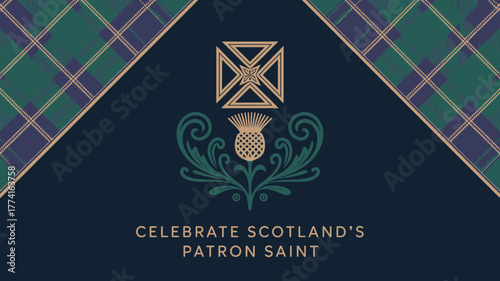 Elegant Scottish thistle and St Andrew's cross design celebrates Scotland's patron saint with tartan accents and sophisticated typography