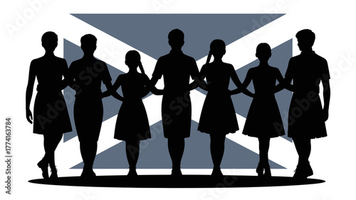 Diverse group of people in traditional Scottish attire linked arm in arm celebrating national pride and heritage with dynamic energy